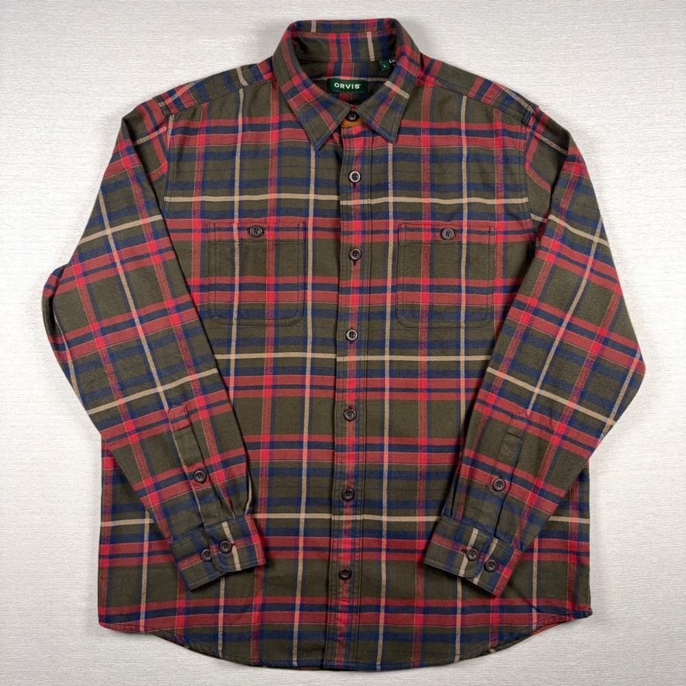 Orvis Classic Fit Perfect Flannel Shirt Mens Size L Red Green Cotton Long Sleeve